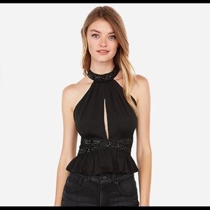 Express Embellished Cut-Out Halter Top, XXS